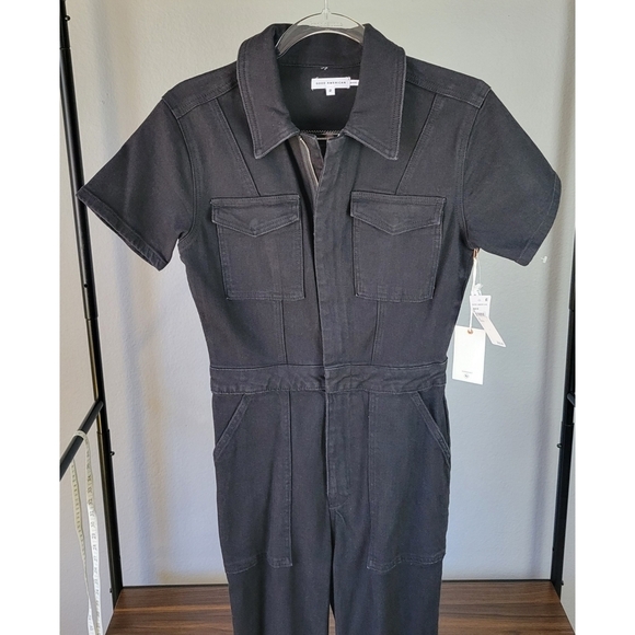 GOOD AMERICAN // fit for success short sleeved zip front stretch denim jumpsuit - Picture 3 of 7